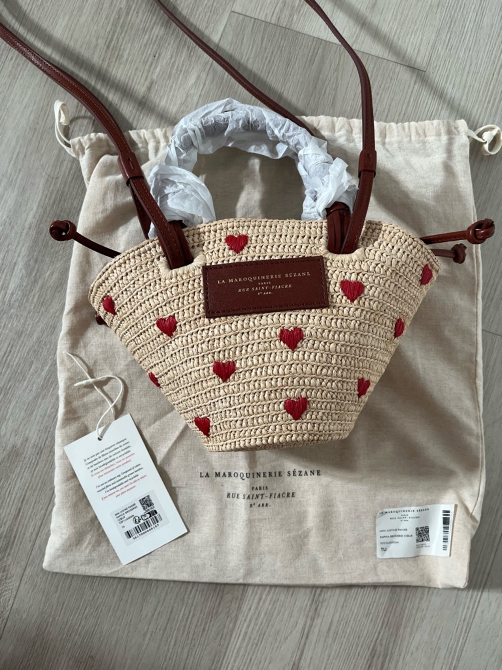 Sezane Justine mini basket bag raffia heart embroidery